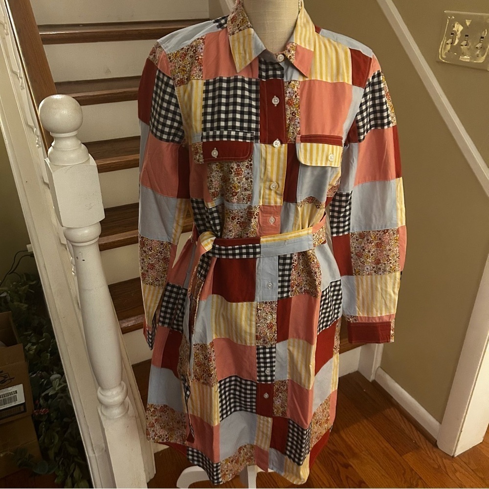 Lands' End Patchwork Shirt Dress Belted 100% Cotton Pockets S Boho Cottagecore